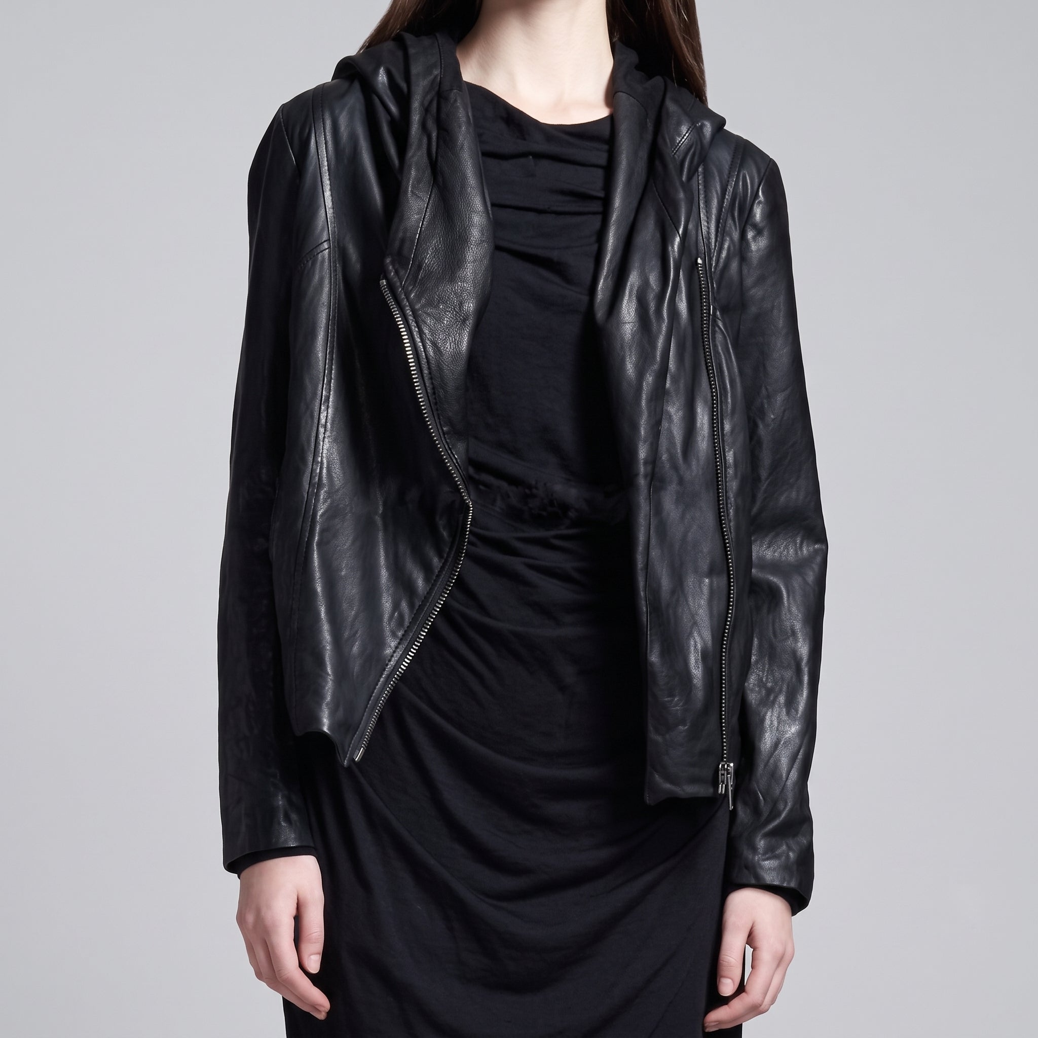 Women's Black Hooded Leather Biker Jacket — Greenwell