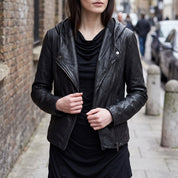 Women's Black Hooded Leather Biker Jacket — Greenwell