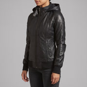 Women's Black Hooded Leather Bomber Jacket — Arnott