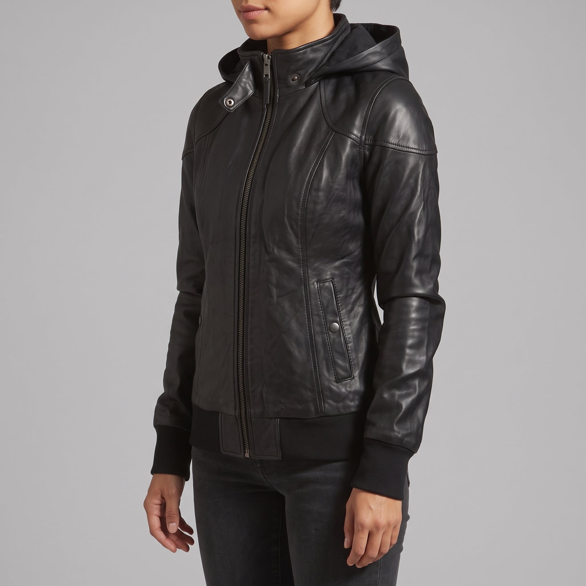 Women's Black Hooded Leather Bomber Jacket — Arnott