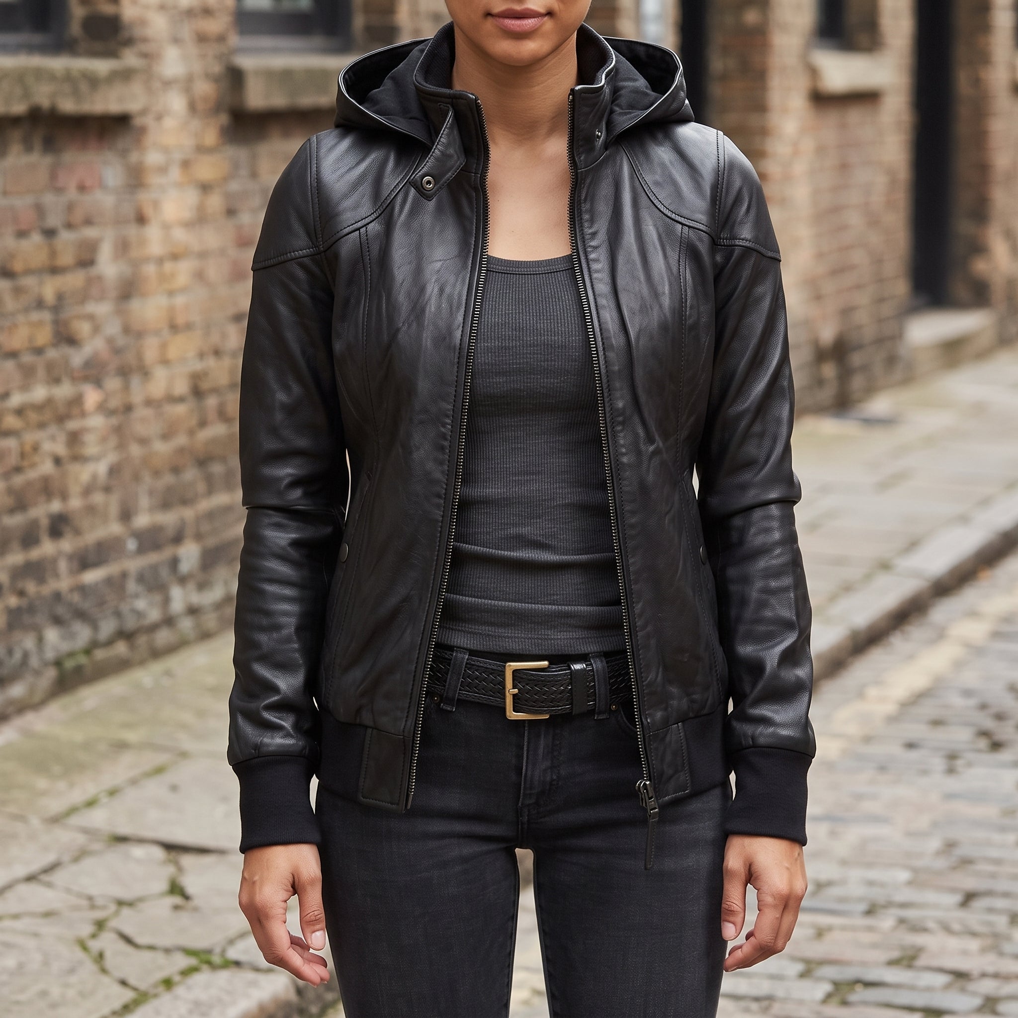 Women's Black Hooded Leather Bomber Jacket — Arnott