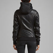 Women's Black Hooded Leather Bomber Jacket — Arnott