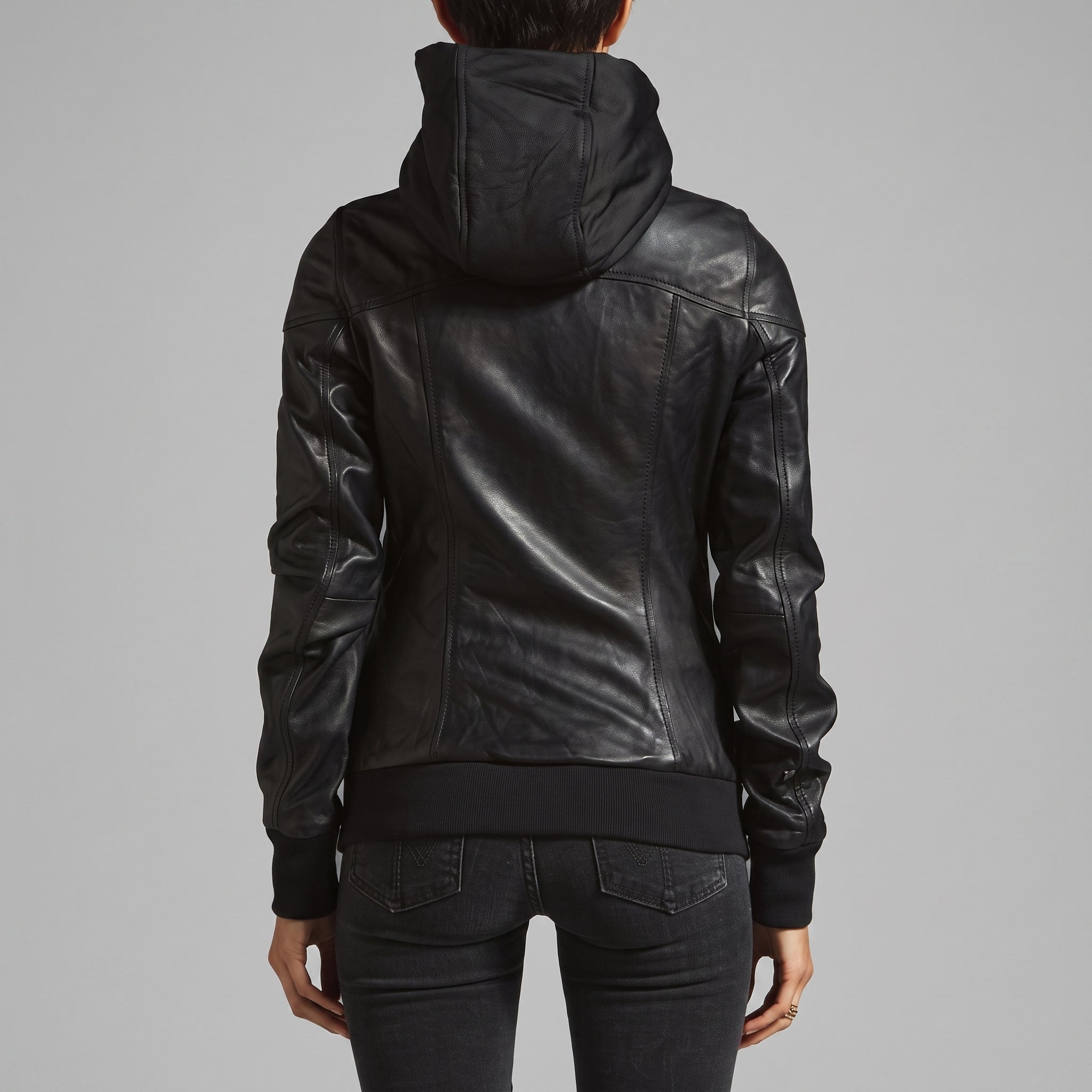 Women's Black Hooded Leather Bomber Jacket — Arnott