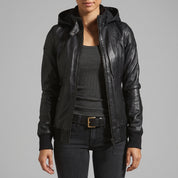 Women's Black Hooded Leather Bomber Jacket — Arnott