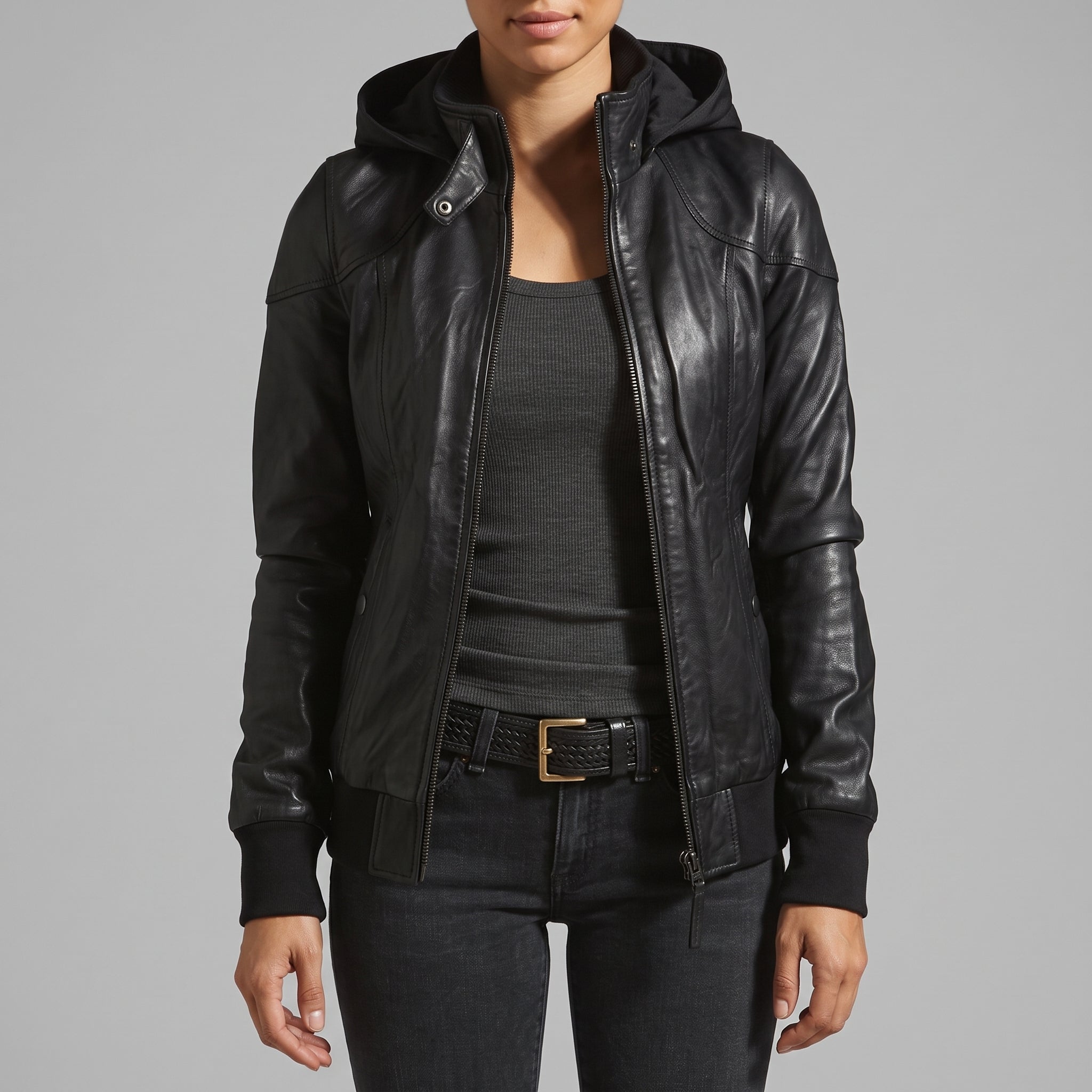 Women's Black Hooded Leather Bomber Jacket — Arnott