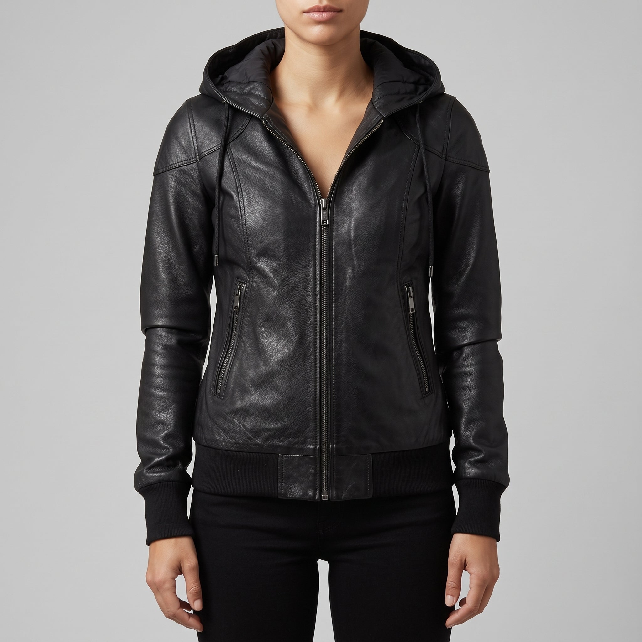 Women's Black Leather Bomber Jacket — Dunthorpe