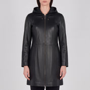 Women's Black Hooded Leather Jacket — Baldwin