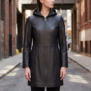 Women's Black Hooded Leather Jacket — Baldwin