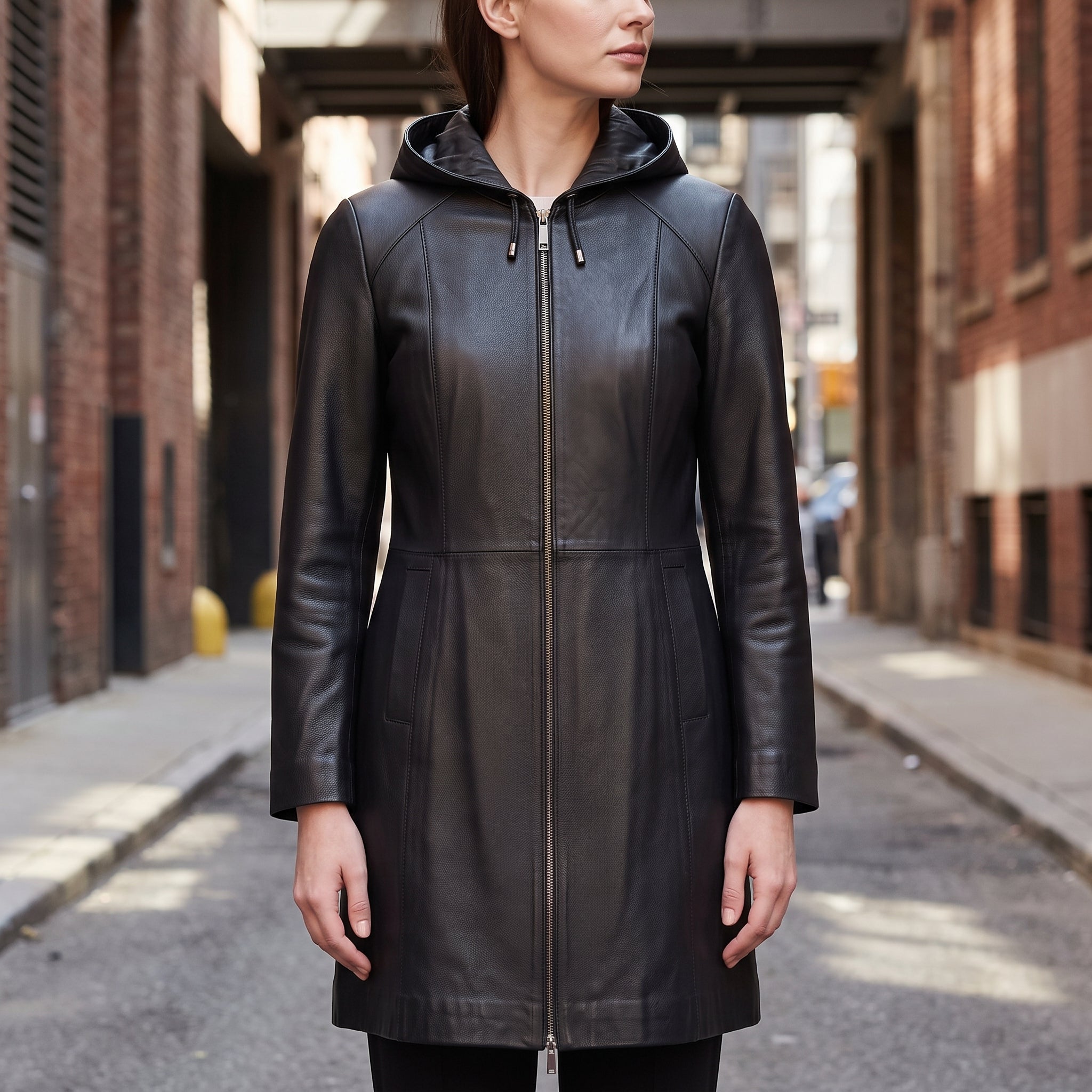 Women's Black Hooded Leather Jacket — Baldwin