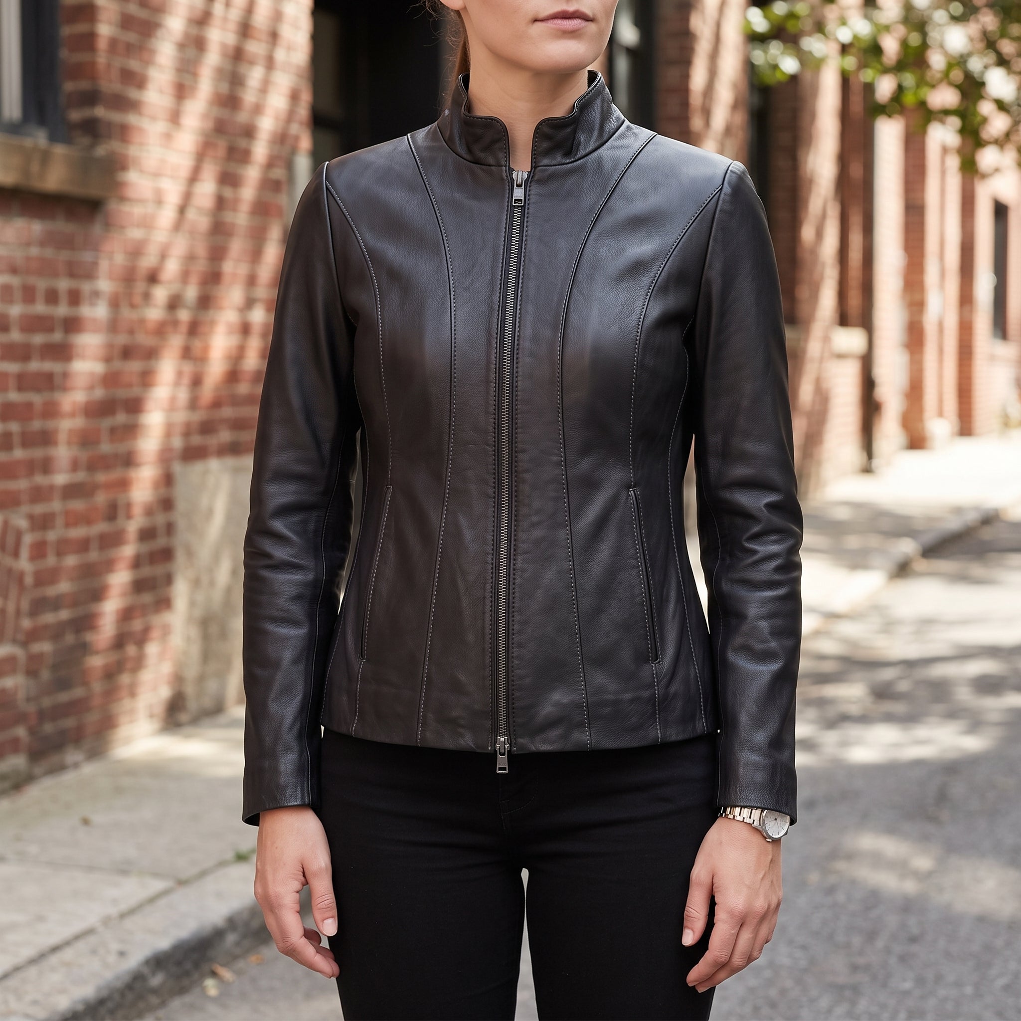 Women's Black Leather Biker Jacket — Ackridge