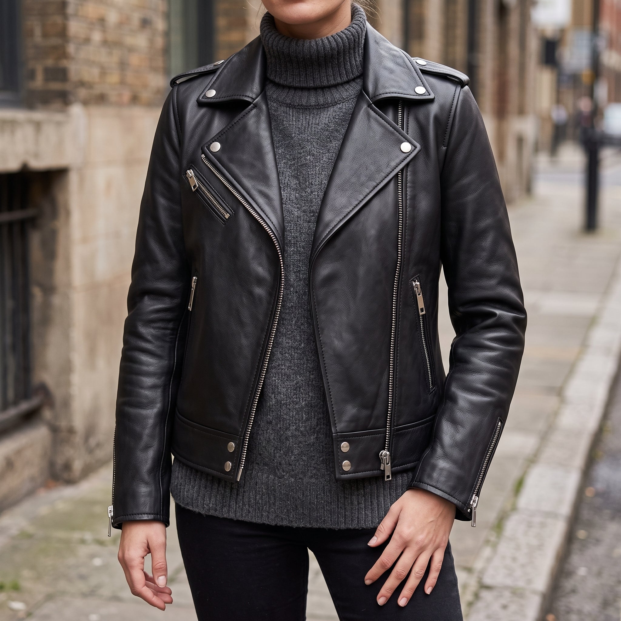 Women's Black Leather Biker Jacket — Acrefield