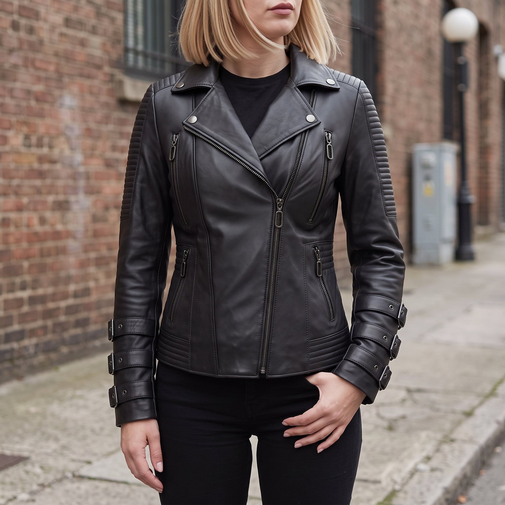 Women's Black Leather Biker Jacket — Askwith