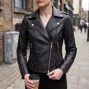 Women's Black Leather Biker Jacket — Channing