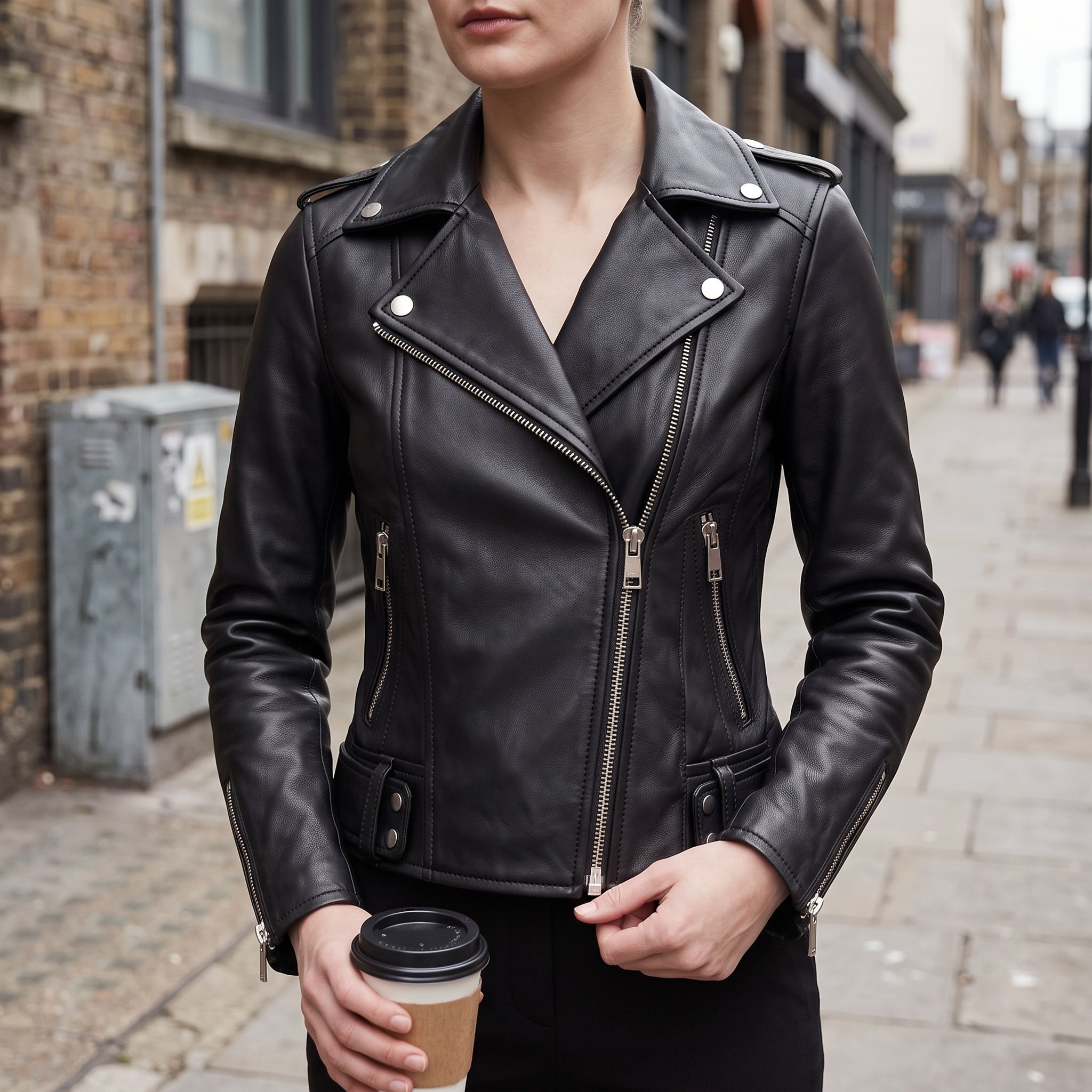 Women's Black Leather Biker Jacket — Channing