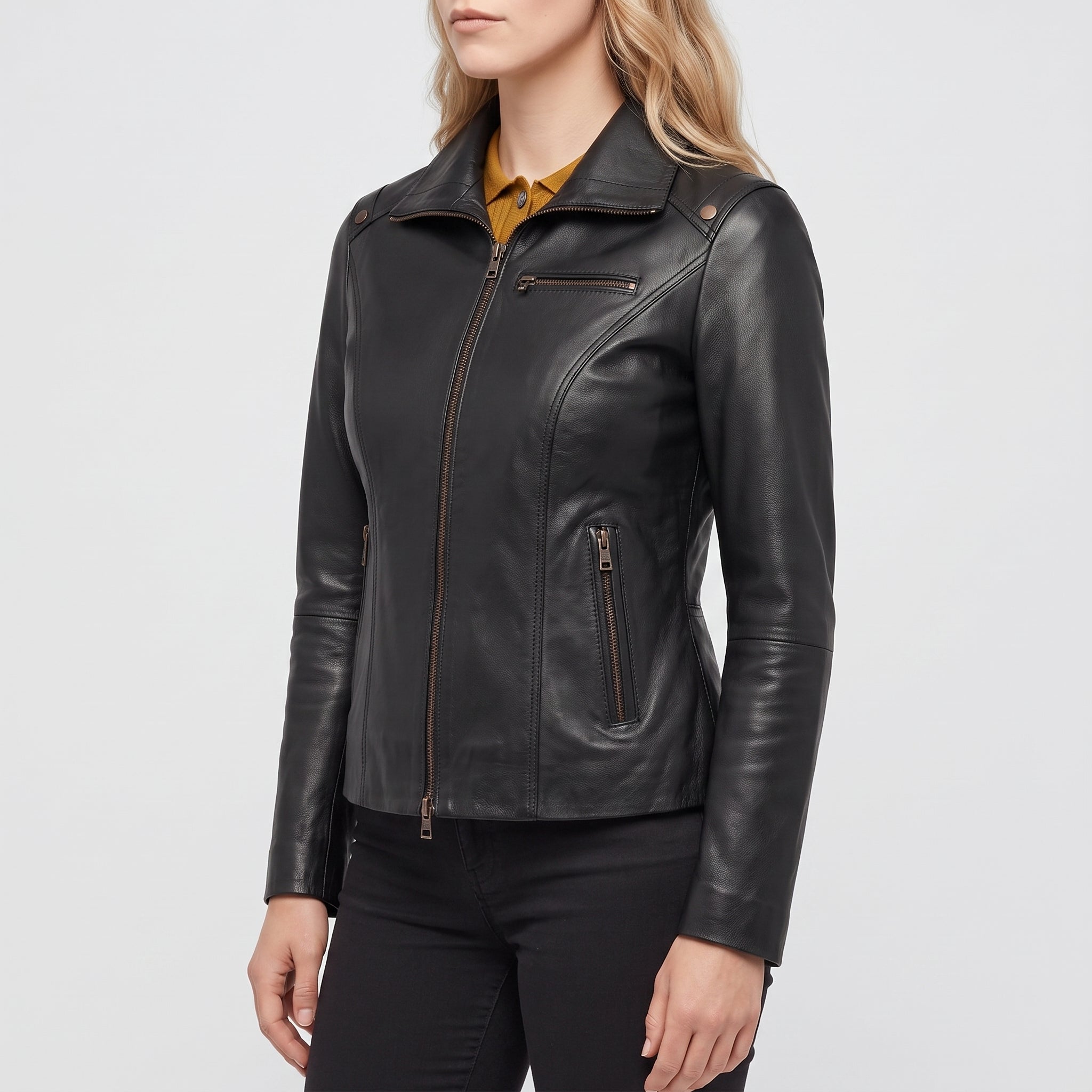 Women's Black Leather Biker Jacket — Drayford
