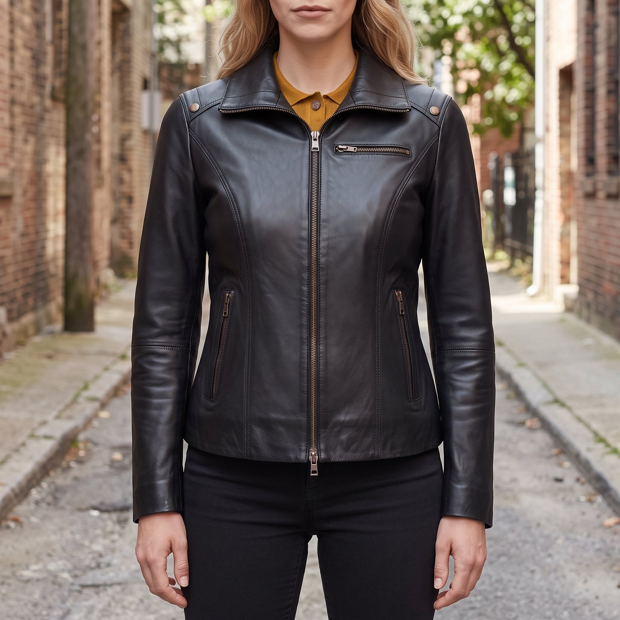Women's Black Leather Biker Jacket — Drayford