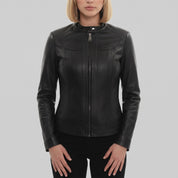 Women's Black Leather Biker Jacket — Finley