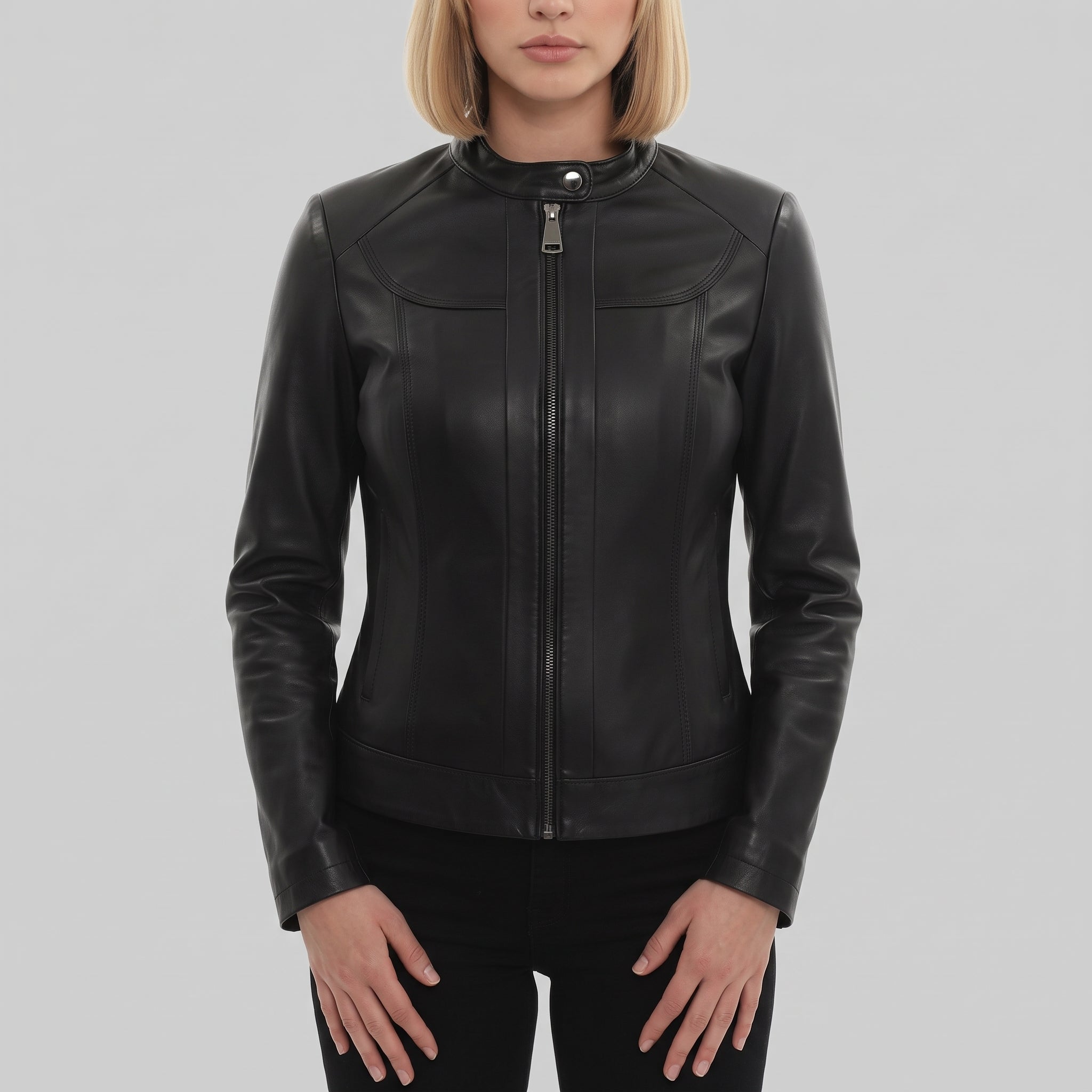 Women's Black Leather Biker Jacket — Finley
