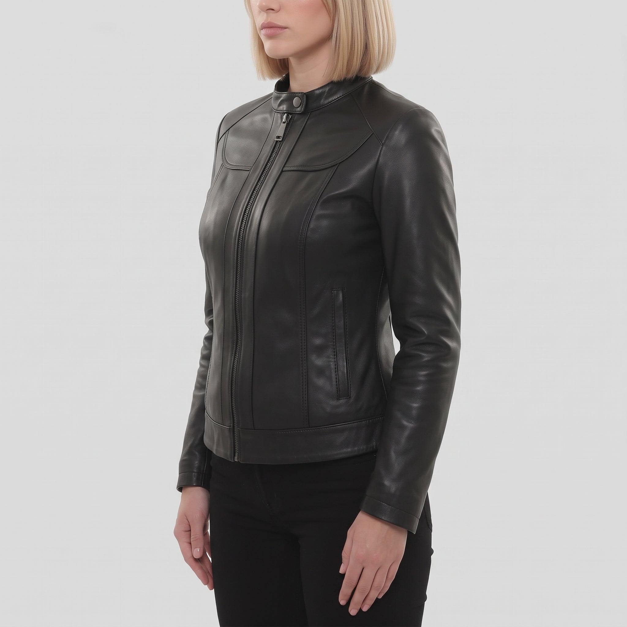 Women's Black Leather Biker Jacket — Finley