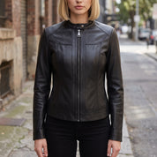 Women's Black Leather Biker Jacket — Finley