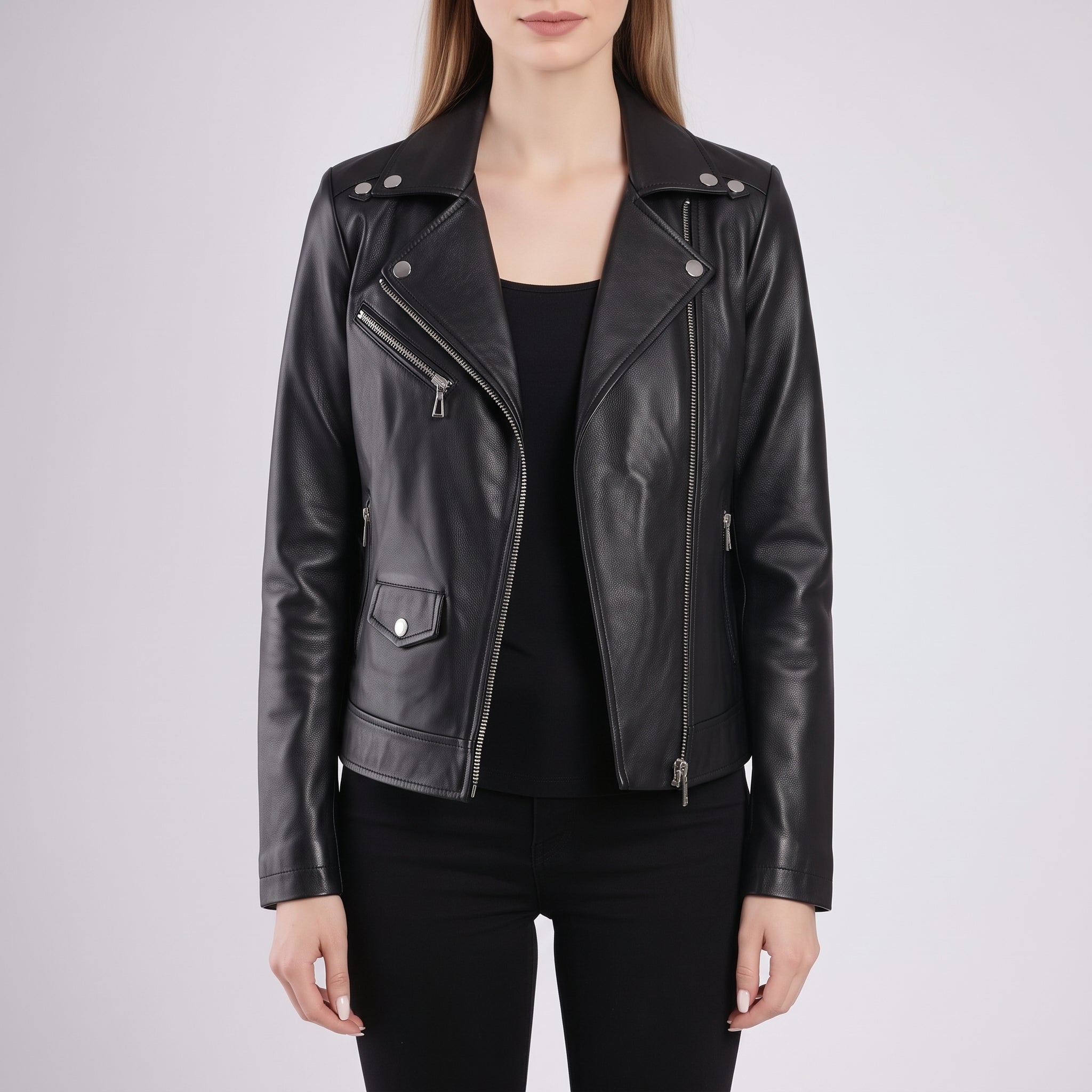Women's Black Leather Biker Jacket — Gossett