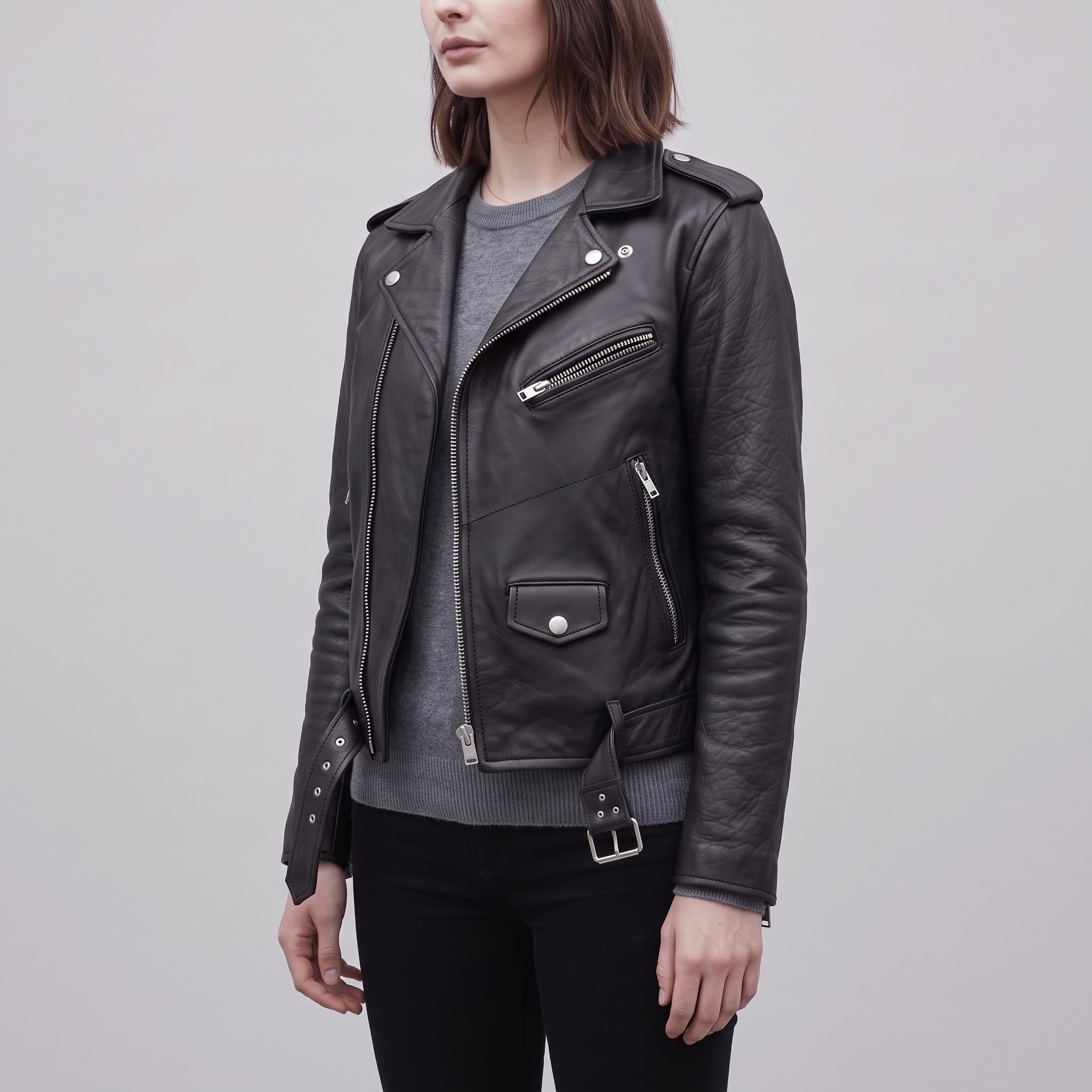 Women's Black Leather Biker Jacket — Guisborough