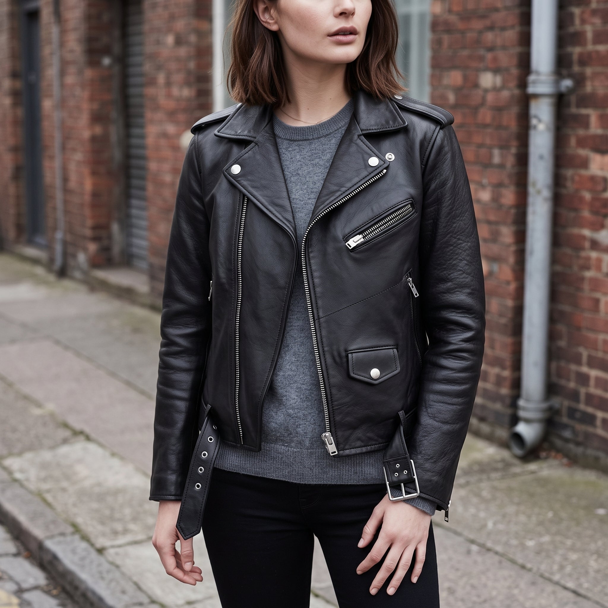 Women's Black Leather Biker Jacket — Guisborough