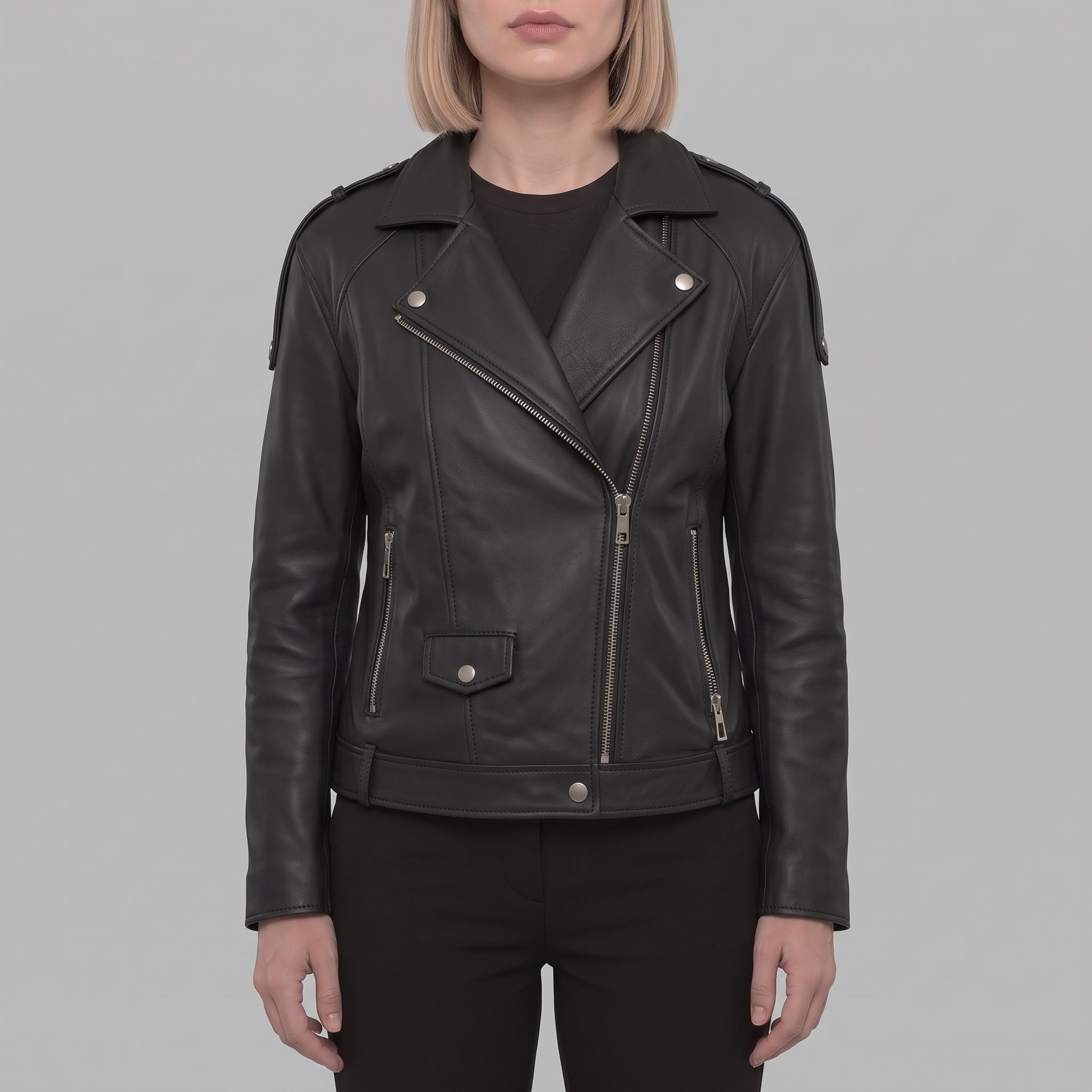 Women's Black Leather Biker Jacket — Parsons