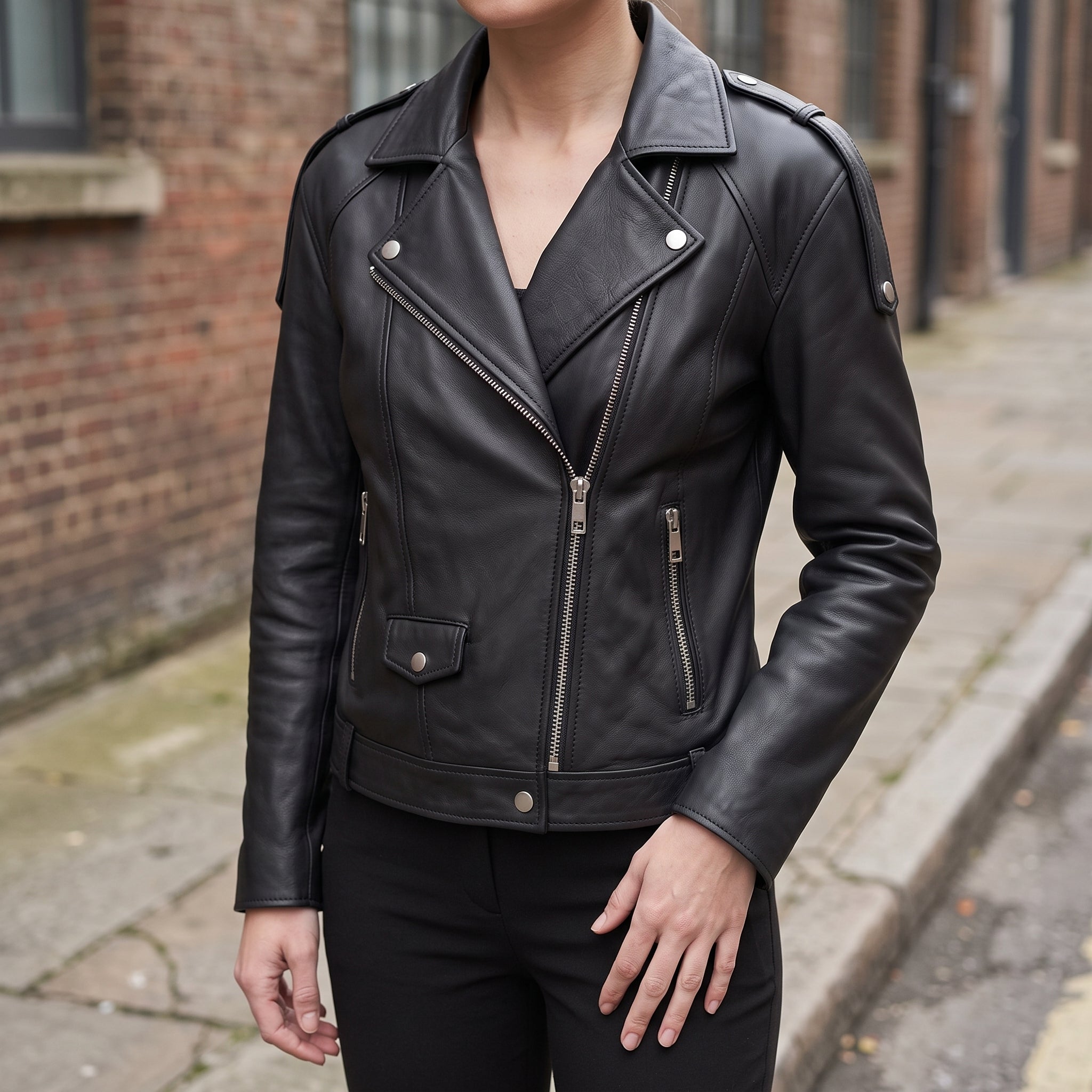 Women's Black Leather Biker Jacket — Parsons