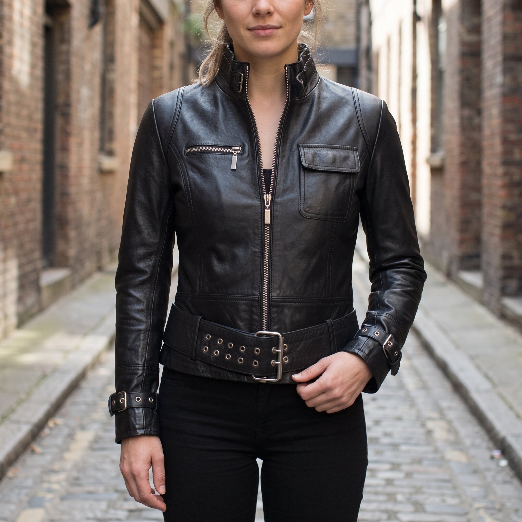 Women's Black Leather Biker Jacket — Townley