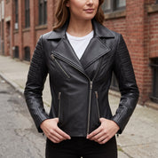Women's Black Leather Biker Jacket — Webster