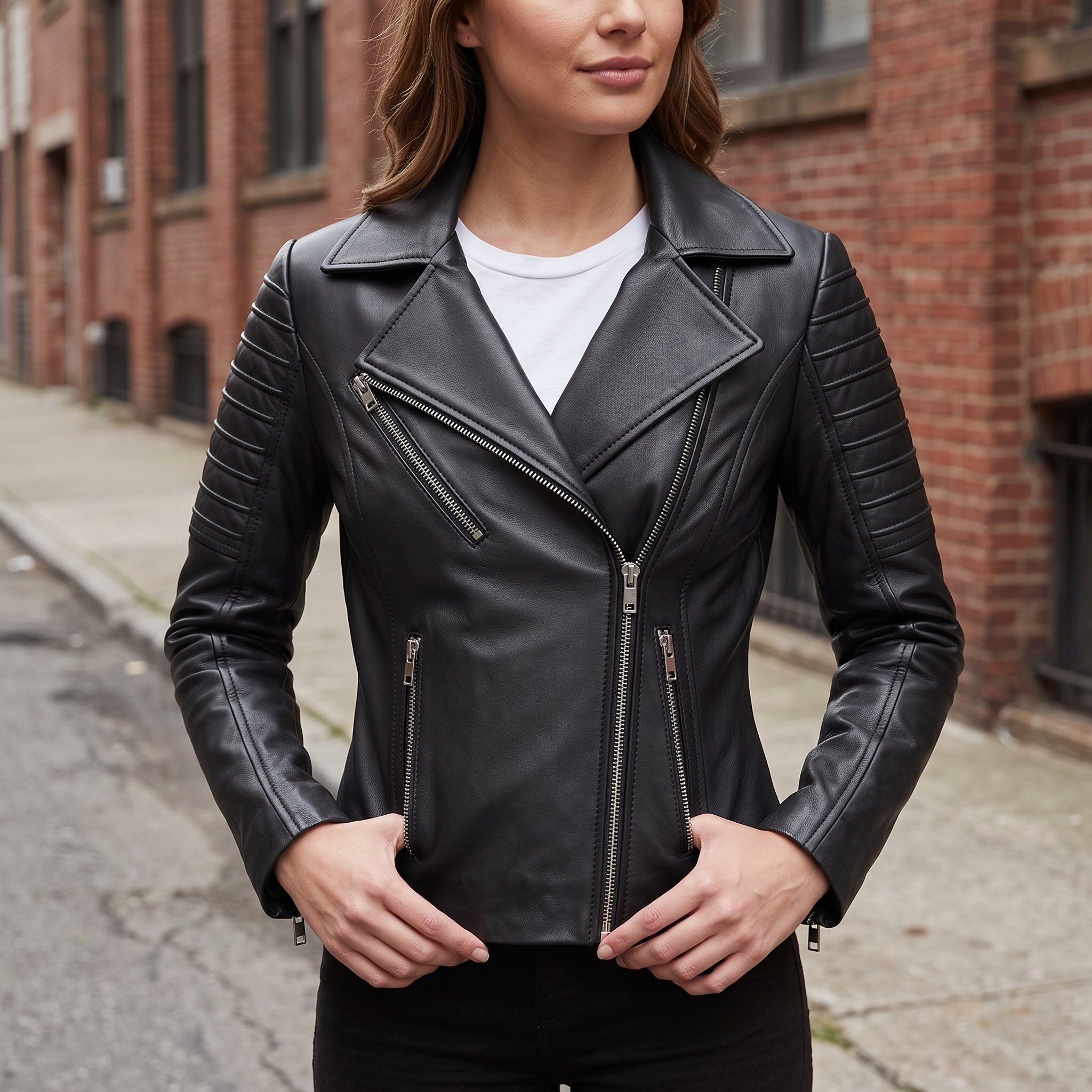 Women's Black Leather Biker Jacket — Webster