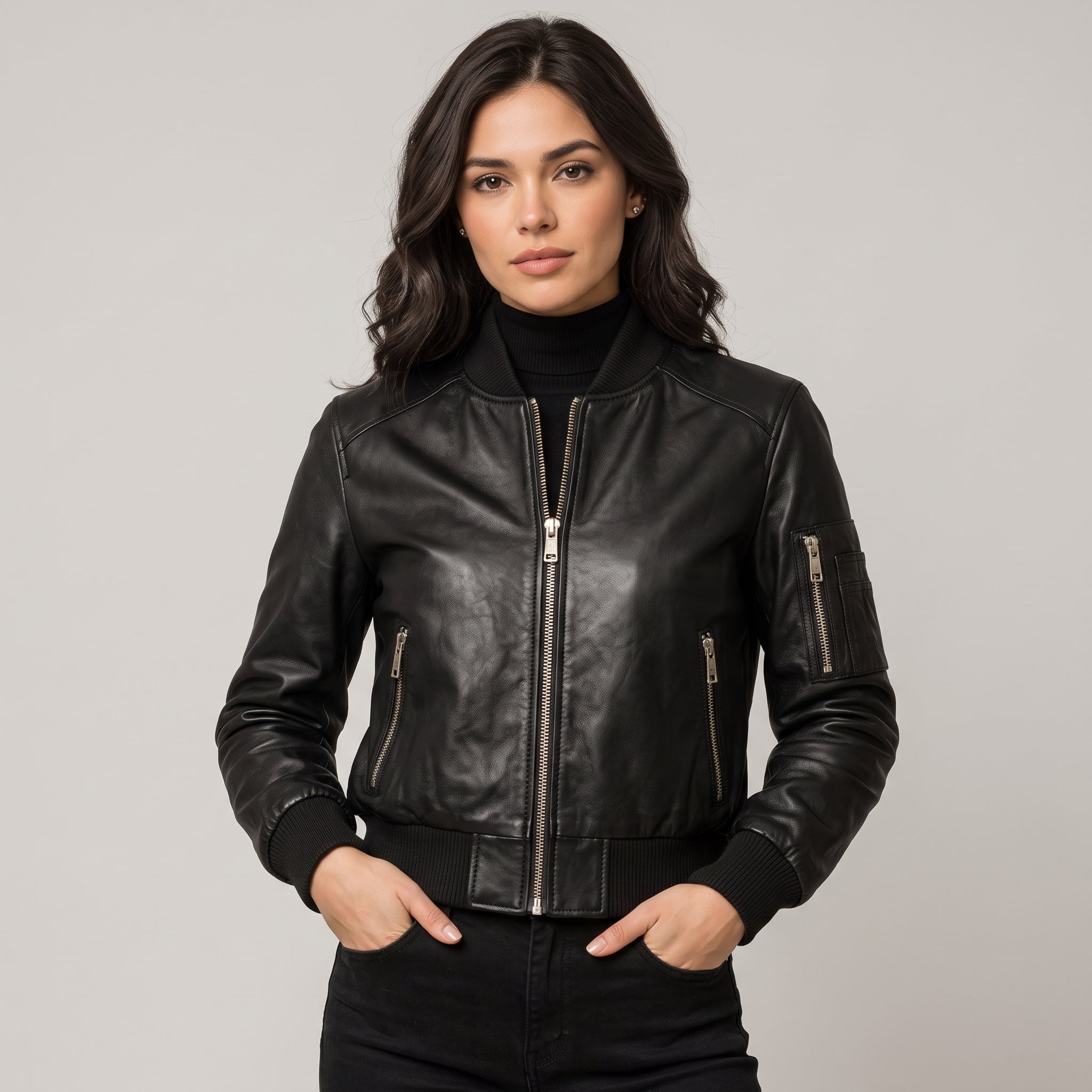 Women's Black Leather Bomber Jacket — Benthall