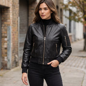 Women's Black Leather Bomber Jacket — Benthall