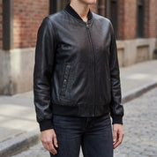 Women's Black Leather Bomber Jacket — Elliot