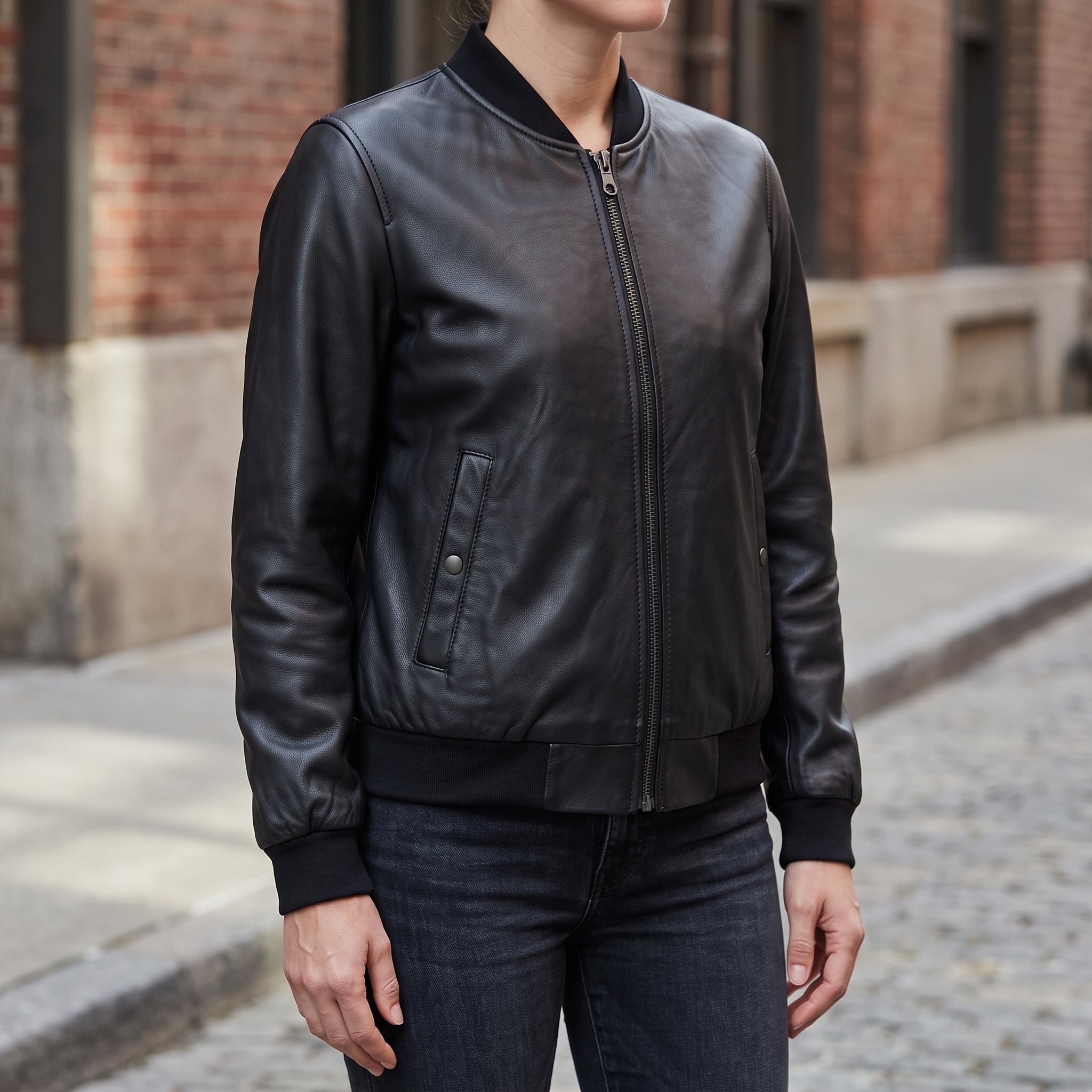 Women's Black Leather Bomber Jacket — Elliot