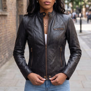 Women's Black Leather Cafe Racer Jacket — Berrick