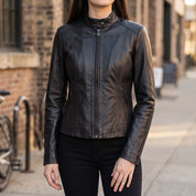 Women's Black Leather Cafe Racer Jacket — Ingleby
