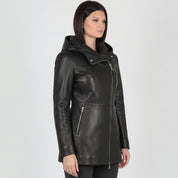 Women's Black Hooded Leather Jacket — Strode