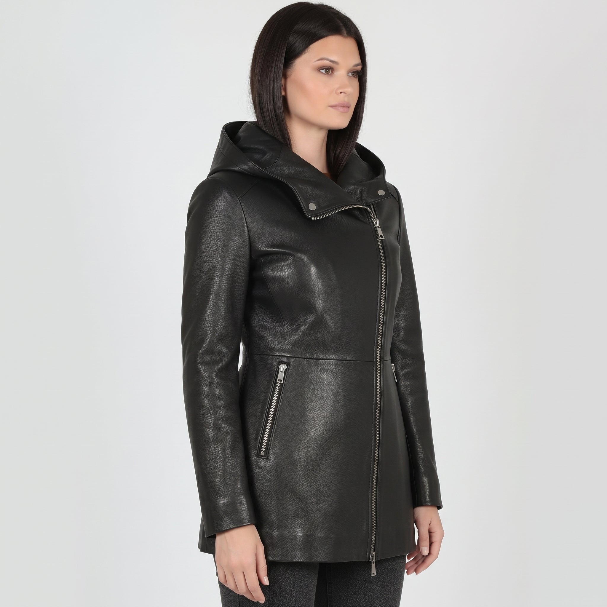 Women's Black Hooded Leather Jacket — Strode