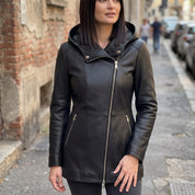 Women's Black Hooded Leather Jacket — Strode