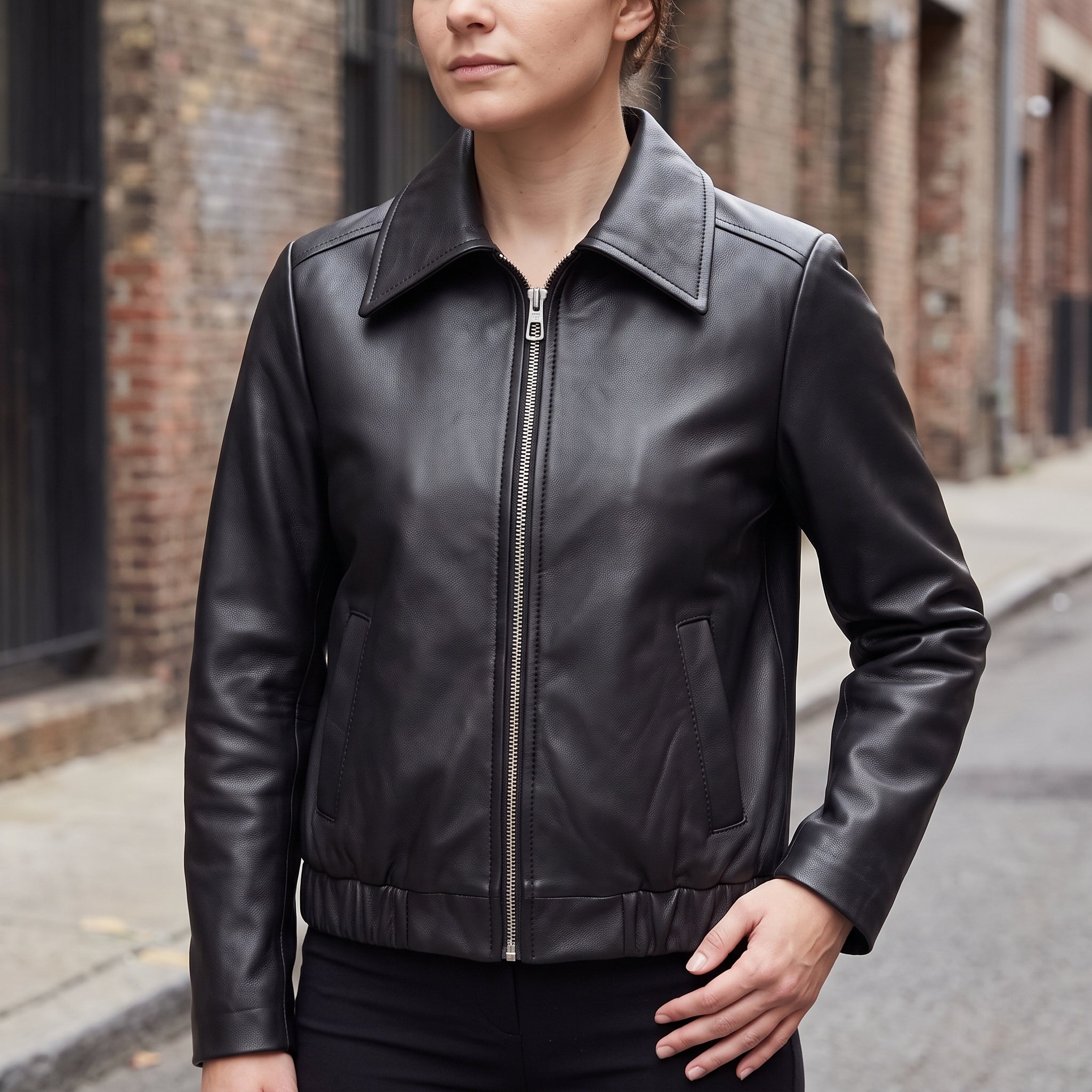 Women's Black Leather Shirt Collar Jacket — Osborn