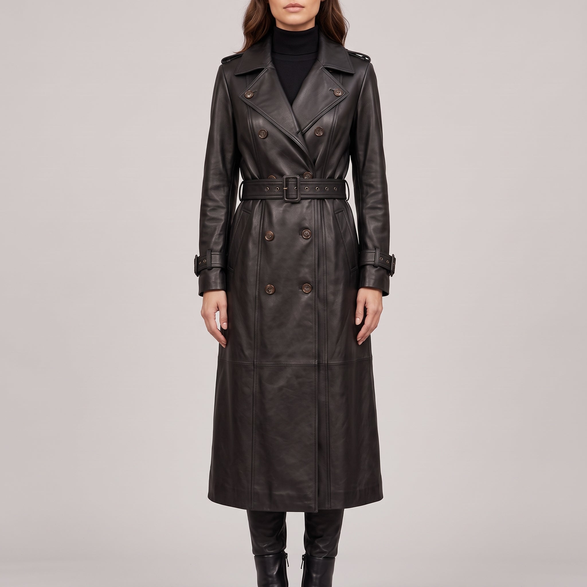 Women's Black Longline Leather Trench Coat — Ashmore