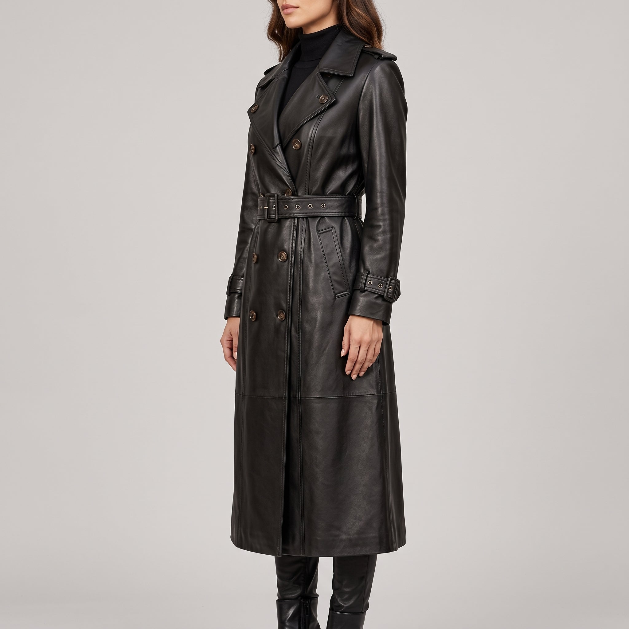 Women's Black Longline Leather Trench Coat — Ashmore