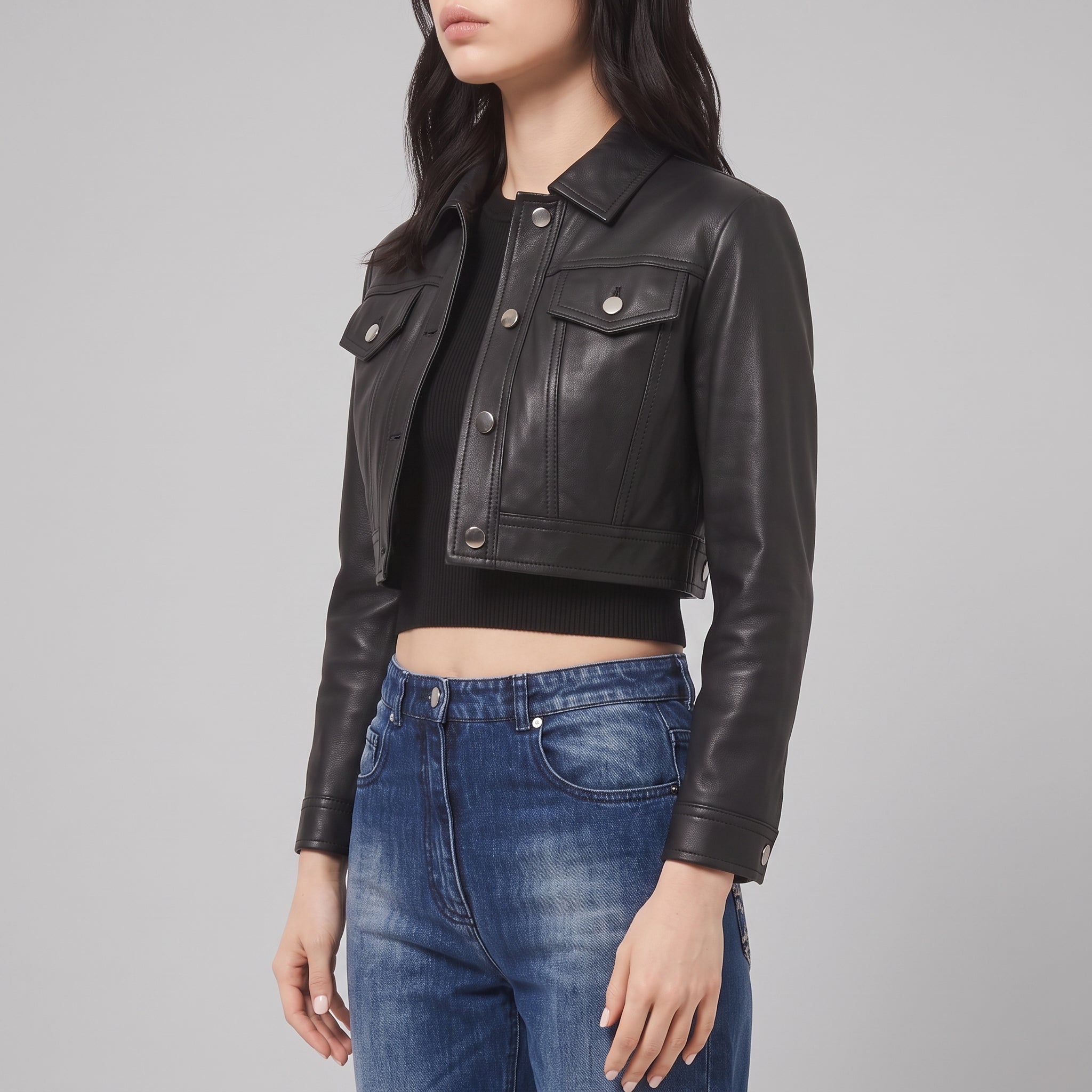 Women's Black Leather Trucker Jacket — Glinton