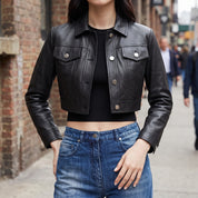 Women's Black Leather Trucker Jacket — Glinton