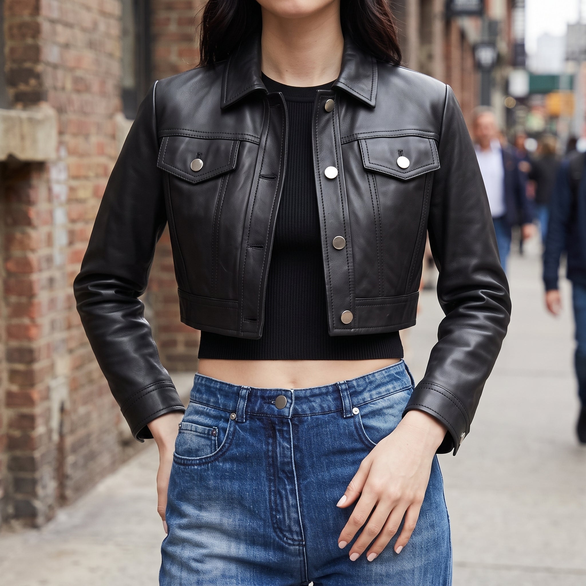Women's Black Leather Trucker Jacket — Glinton