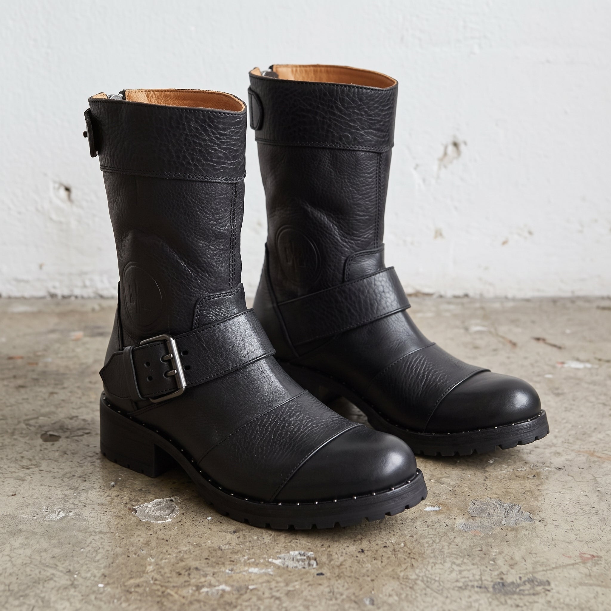 Women's Black Pebbled Leather Biker Boots — Chesham