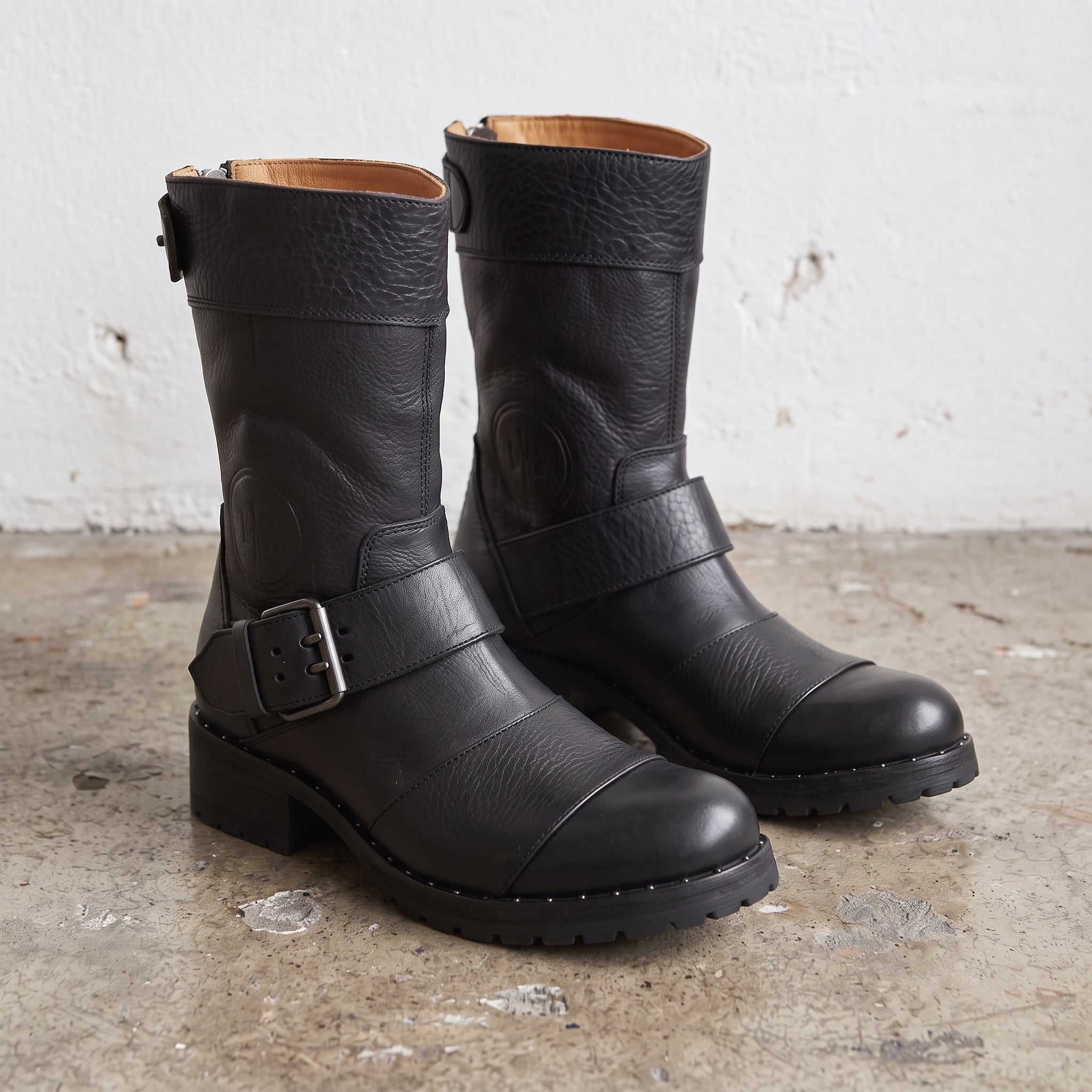Women's Black Pebbled Leather Biker Boots — Chesham