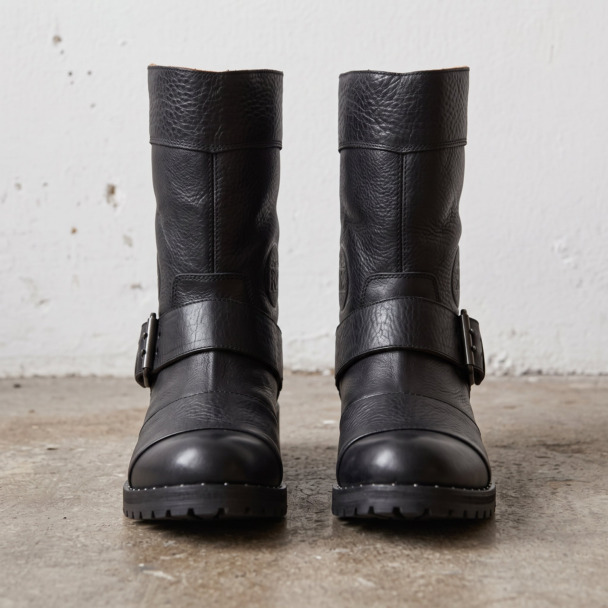 Women's Black Pebbled Leather Biker Boots — Chesham